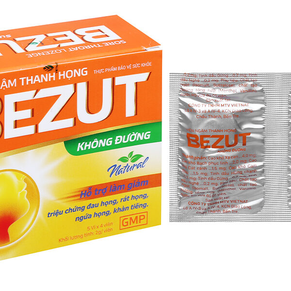 Viên ngậm Bezut không đường hỗ trợ giảm đau họng